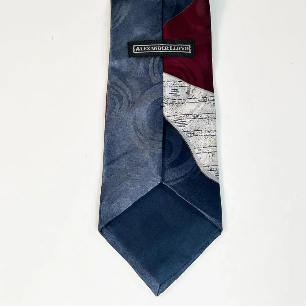 Alexander Lloyd Abstract Print Mens Neck Tie X-Long Blue Grey 100% Silk Mase USA